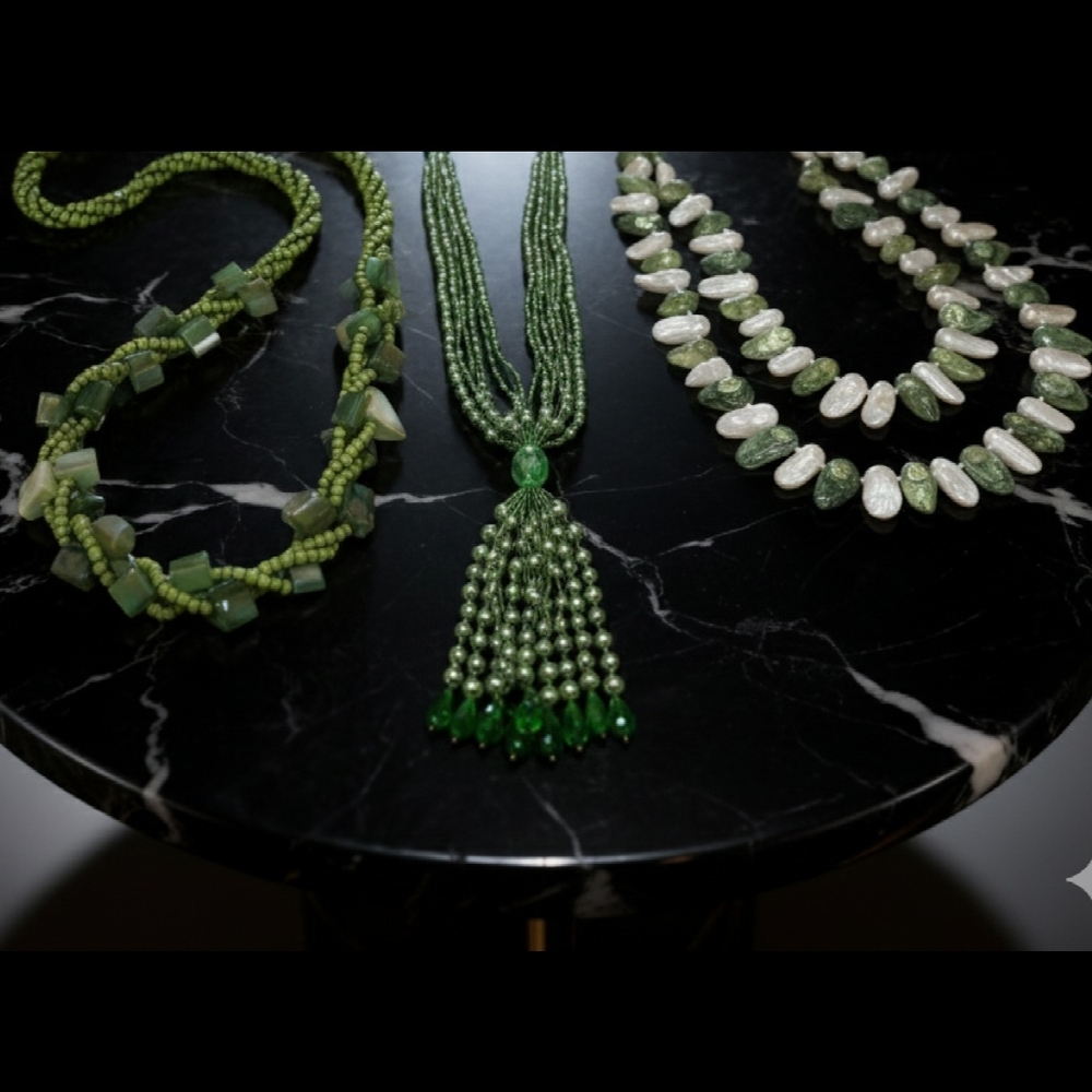 Green Seed Bead, Wood & Shell Necklaces Bundle Of 3 Necklaces
